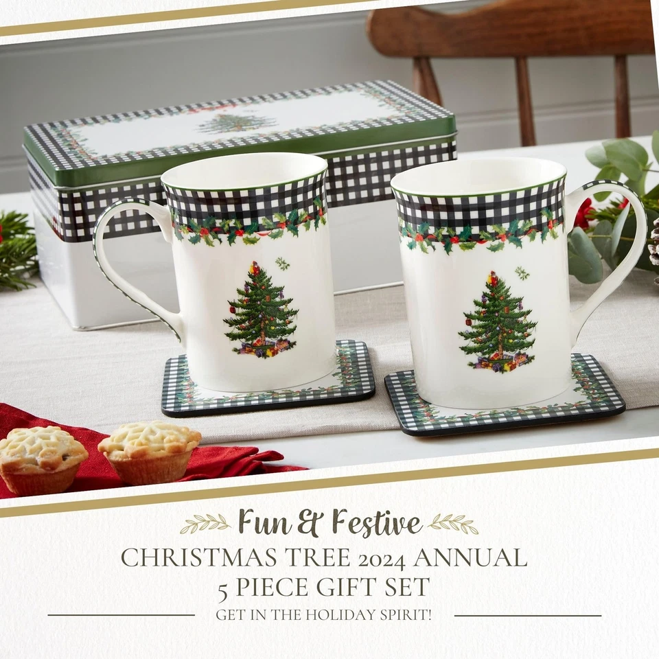 Christmas Tree 5-Piece Mug & Tin Set – Fine China Mugs & Cork Coasters, Holid... - Image 2 of 4