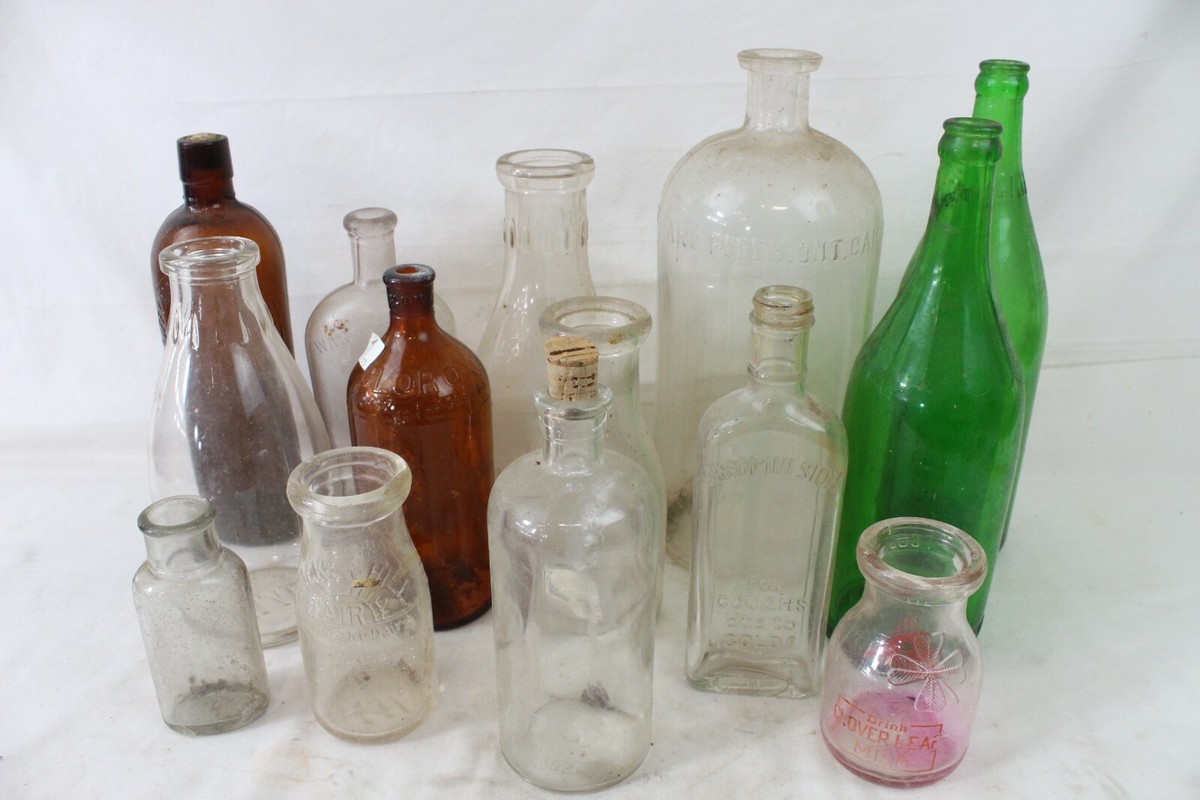 14 Vintage Antique Glass Bottle Lot Milk Clear Green Brown Dairy 