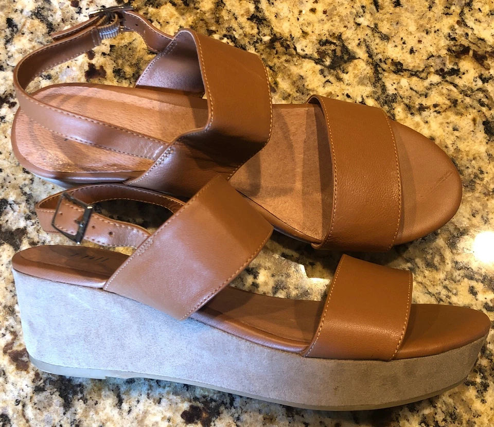 J Jill Leather Sandals Size 7.5 M Tan Wedge Two Straps Open Toe Sling Back Cute! - Image 2 of 4