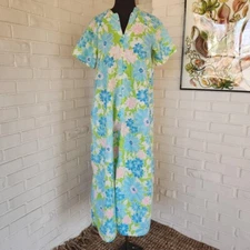 Vtg 60s Maxi Dress, Floral Mod, Blue, Spring, Summer, House Dress, JC Penney