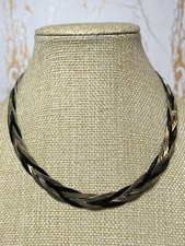 Vintage Korea Wide Black & Gold Tone Plaited Serpentine Chain Necklace 1212