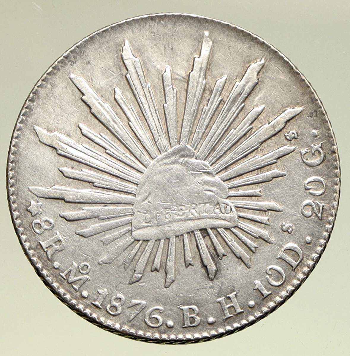 1876 Mo BH MEXICO Large Eagle Sun Antique Mexican Silver 8 Reales.