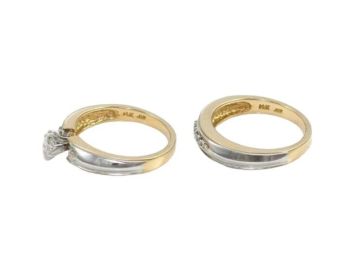 Solid 14K Yellow White Gold Natural Diamond Wedding Engagement Set Ring Size 6 - Image 4 of 4