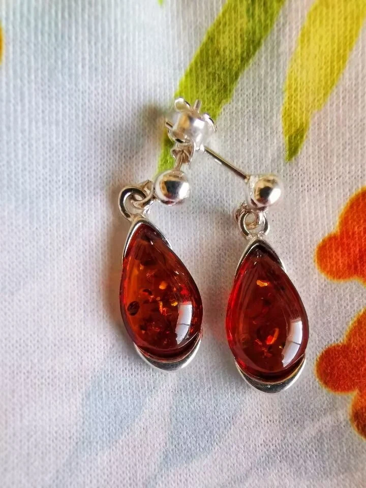 Red UNIQUE Natural Authentic BALTIC AMBER 925 Sterling Silver Drop Earring Gift - Image 3 of 4