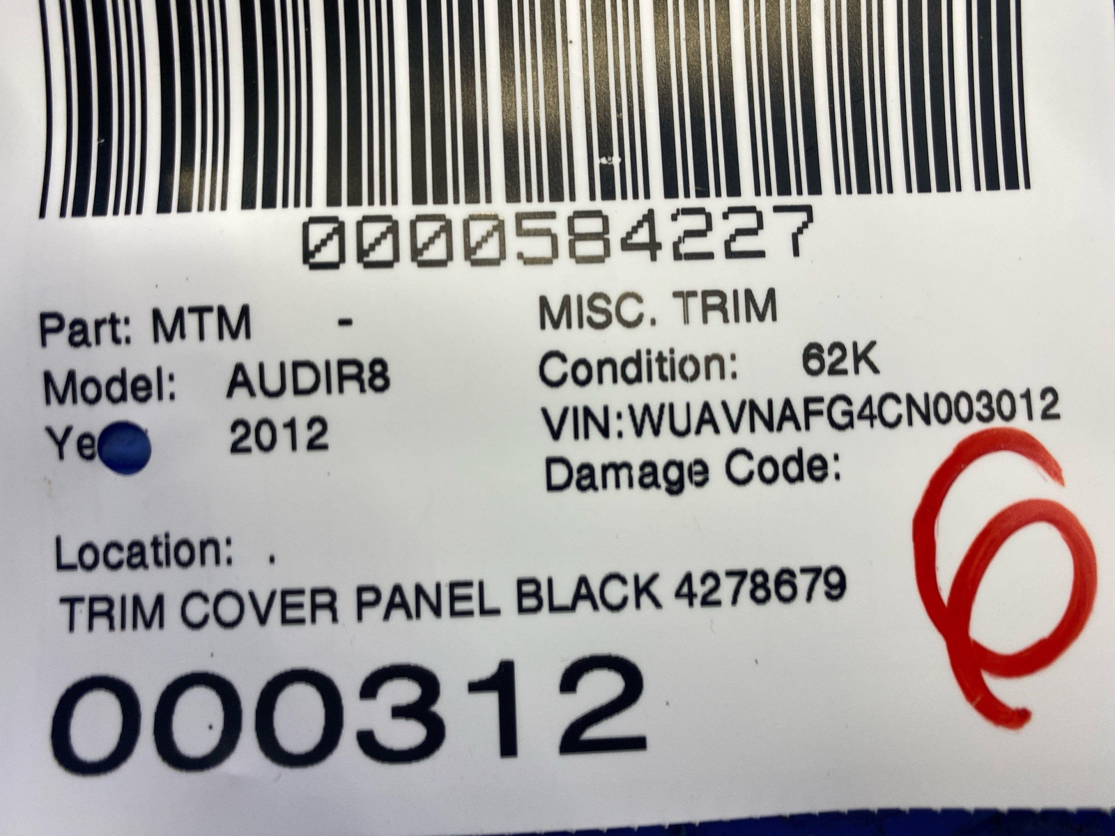2011 2012 2013 2014 2015 AUDI R8 TRIM COVER PANEL BLACK 427867925 *INDENT*