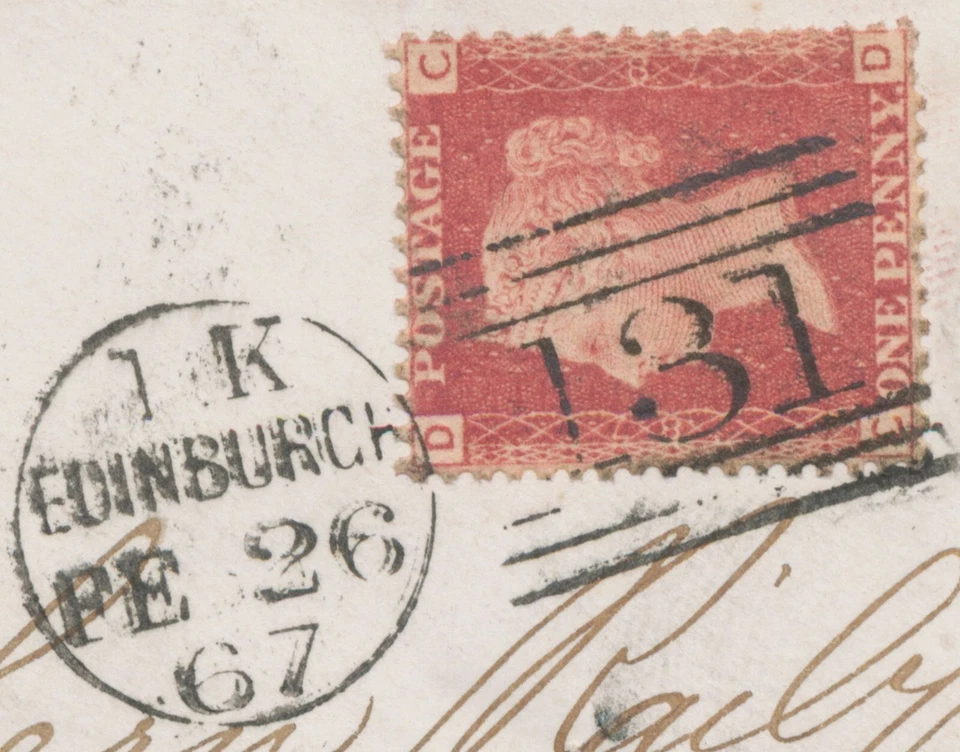 GB 1867, cubierta FERROCARRIL muy fina (bs. fallos de apertura) franqueado con QV 1d rojo Foto 3 de 4