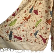 Ivory Crewel Shawl With Embroidered Multi Color birds 100% Wool With Fringe