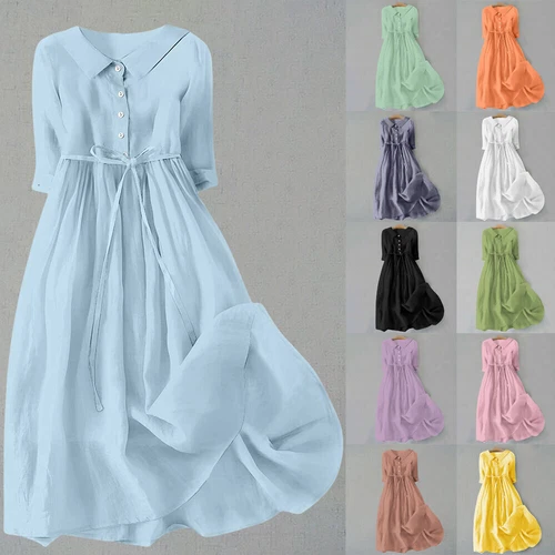 Womens Summer Button Holiday Linen Cotton Long Dresses Party Dress Plus Size NEW - Picture 1 of 35