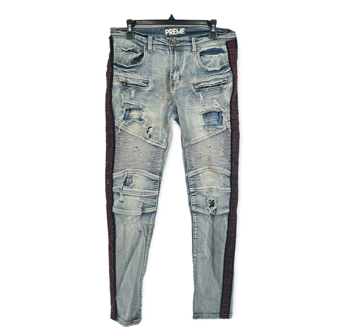 Preme Men's Light Wash Rhinestone Side Stripe Moto Denim Skinny