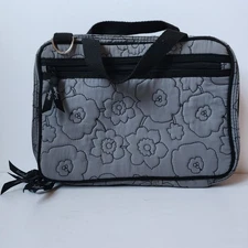 Thirty-One Gray Flowery Double Zip Cosmetic Organizer Bag Medium Quilted