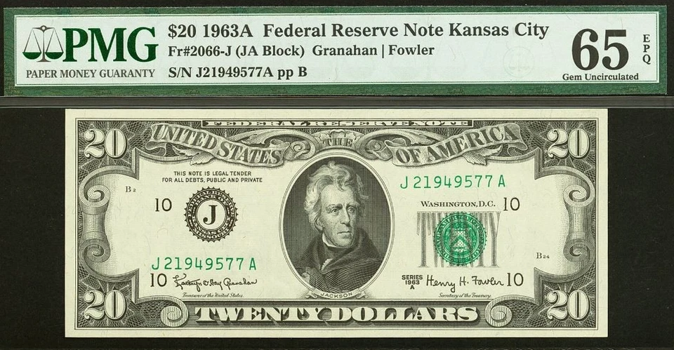1963A $20 Federal Reserve Note PMG 65EPQ - Gem Kansas City Fr 2066-J - Image 2 of 3