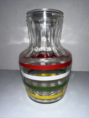 Vintage Anchor Hocking Multi Colored Striped Glass Juice Carafe Pitcher 1960s