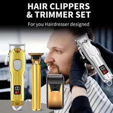3Pcs Professional LCD Hair Clipper Trimmer Kit for Men USB-Rechargeable Barber