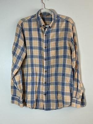 Falls Creek Cotton Linen Shirt Men s M Blue/Peach Plaid Button Down Long Sleeve