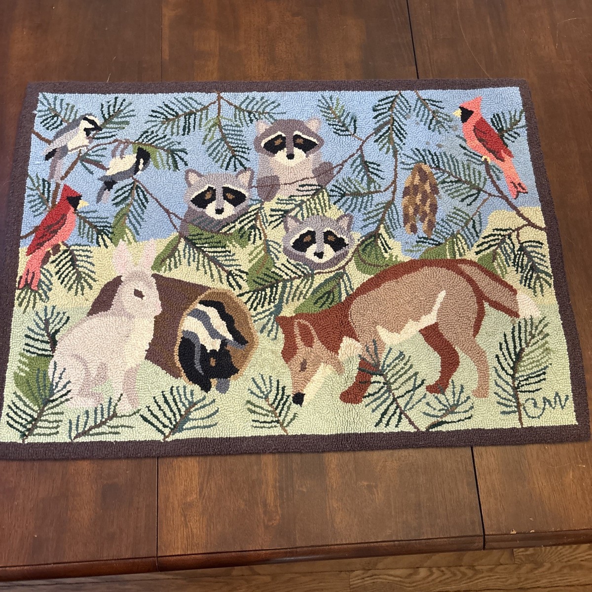 Claire Murray Hooked Wool Rug Forest Creatures 25”x35” Maine Woods