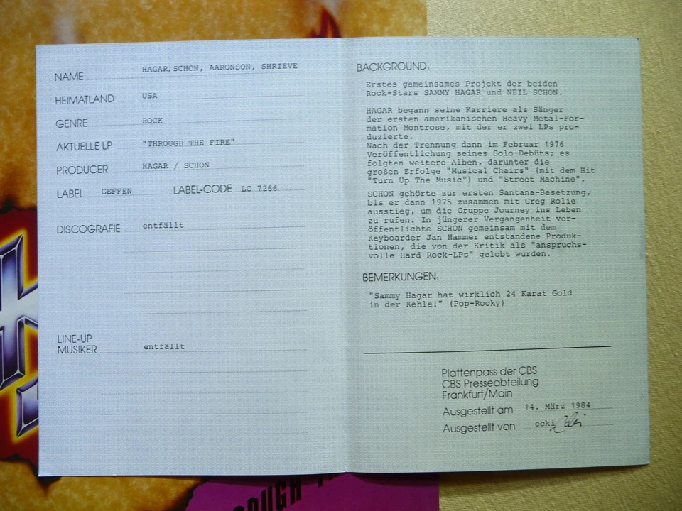 Hagar, Schon, Aaronson, Shrieve ‎– Through The Fire (Promo + Plattenpass, Unpl.) - Bild 3 von 4