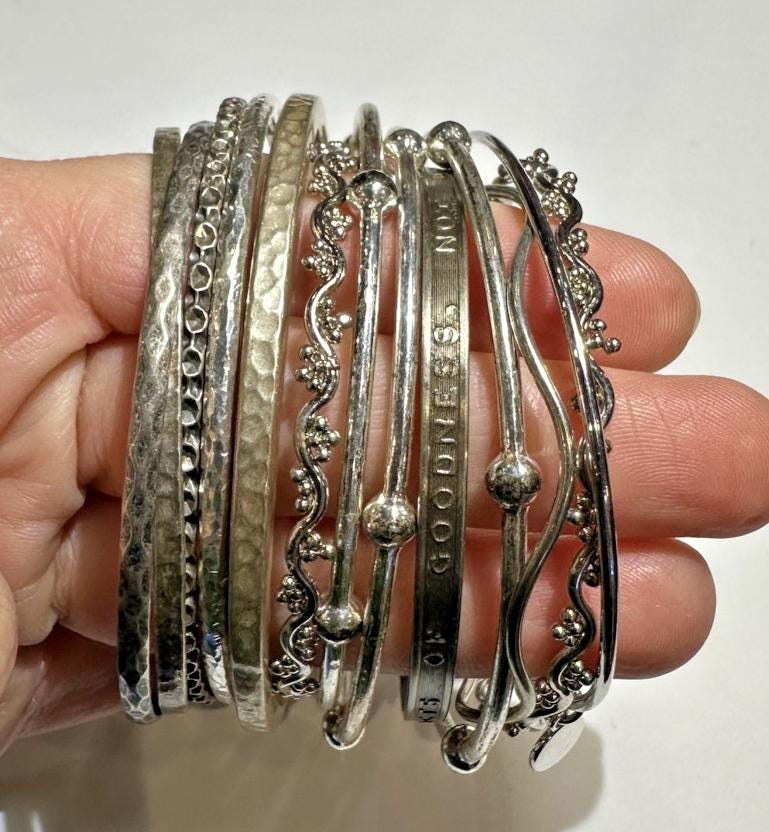 Stackable chunky silver tone dangle charms bangle… - image 1