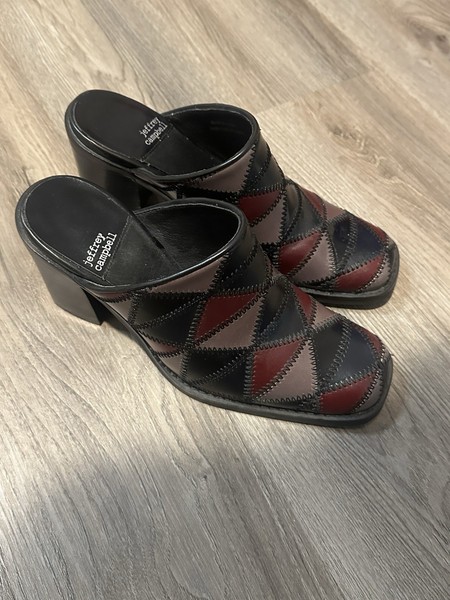Jeffrey Campbell Karma Patchwork Leather Mules Heel Clogs Colorblock Boho Y2K 
