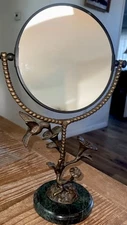 SPI Home Brass and Marble Hummingbird & Flower Tabletop Vanity Mirror Two Sided