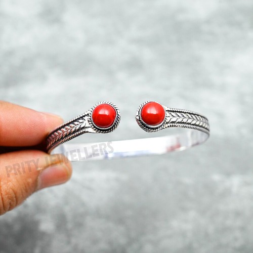 Coral Bracelet 925 Sterling Silver Adjustable Handmade Cuff Bangle Gift Jewelry - Picture 3 of 6