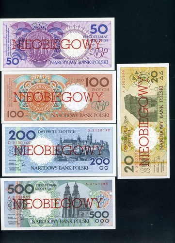 Poland 1-2-5-10-20-50-100-200-500 zlotych 1990 (1996) unissued cancelled Unc