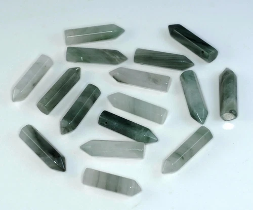 31X8MM GREEN RUTILE QUARTZ GEMSTONE INCLUSIONS RUTILATED POINT LOOSE 2 BEADS - Picture 2 of 4