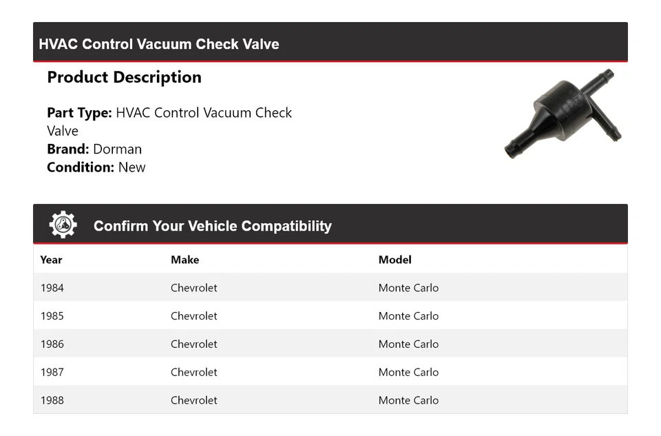 Válvula de retención de vacío de control de climatización 1985 para Chevrolet Monte Carlo Dorman 1984-1988 Foto 2 de 4