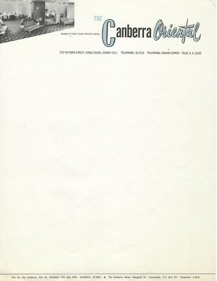 The Canberra Oriental - Sydney's First Class Hotel, Sydney Australia VTG