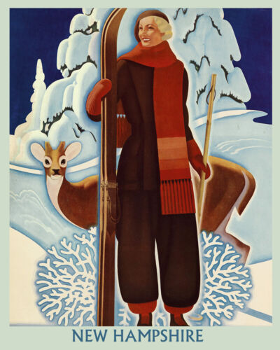 Affiche vintage mode dame cerf new hampshire neige ski hiver reproduction GRATUITE S/H - Photo 1 sur 1