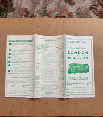 1934 Southdown London Brighton Bus Reisebus Fahrplan Handzettel Tarife Fahrpreis Tabelle
