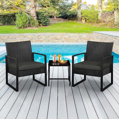 Yaheetech 3-Piece Rattan Bistro Set with Chairs & Glass Table, Black/Gray