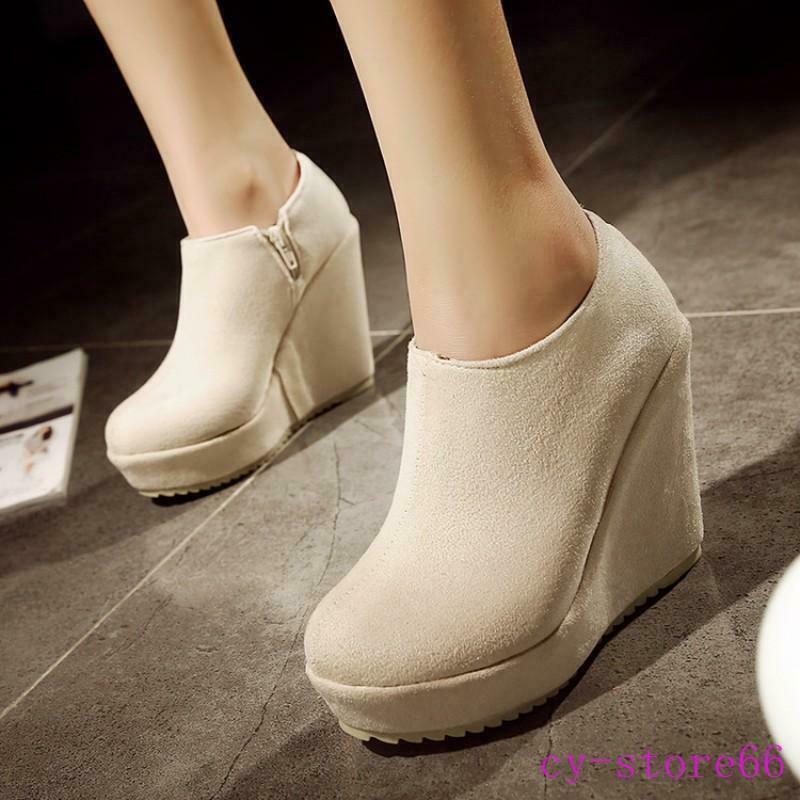 Fashion Womens Round Toe Zip Ankle Boots High Wedge Heel Platform