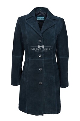 Damen TRENCHCOAT KLASSISCH MARINE WILDLEDER KNIELANG ECHT WEICH LEDERJACKE 3457