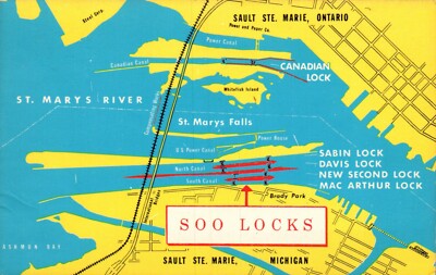 MICHIGAN-CANADA MAP  POSTCARD Soo Locks, Sault Ste. Marie, Mich. & Ontario