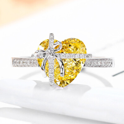 New Shinny Cut Bowknot Heart Shape Yellow Citrine Topaz Gems Women Silver Rings