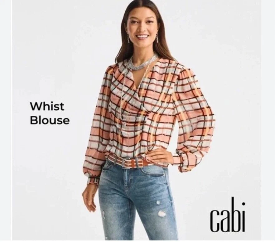 CAbi The Whist Blouse Plaid Faux Wrap Chiffon V-Neck Size Medium Long Sleeve Top Foto 2 de 4