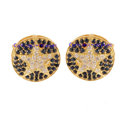 Natural Blue Sapphire & CZ Stones 925 Sterling Silver Gold Plated Cufflinks  #57