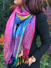 Large Multi Colour Leaf Paisley Print Pashmina Shawl Scarf Wrap Bright Rainbow