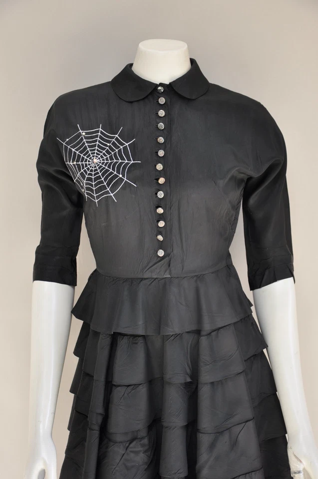 Vintage 1940s Black Ruffled Dress Spider Web Goth Girl Witchy Party Dress XS - Image 2 of 4