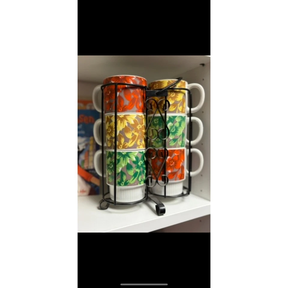 Tazas de café apilables de colección con soporte de metal colorido diseño de flores Japón Foto 2 de 2