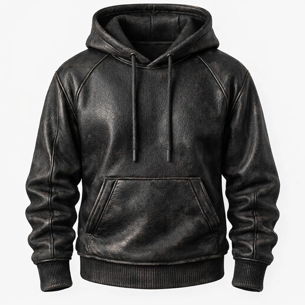 Men’s Distressed Black Lambskin Leather Hoodie Handmade Premium Jacket Pullover