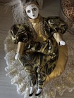 Venetian-style Porcelain Mask Doll In Gold Brocade Costume Ca. 1980s