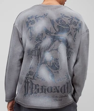 Boohoo Man Oversized Distressed Reverse Loopback Gothic Print LS Spray Wash Sz L