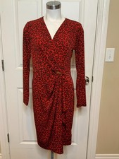 Michael Kors Red Black Leopard Print Long Sleeve Wrap Dress, Size Medium
