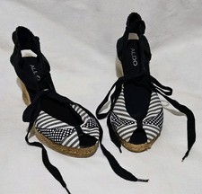 ALDO Black Summer Tie Up Ankle Wedge Sandals Beach Festival Party Boho Gypsy 5