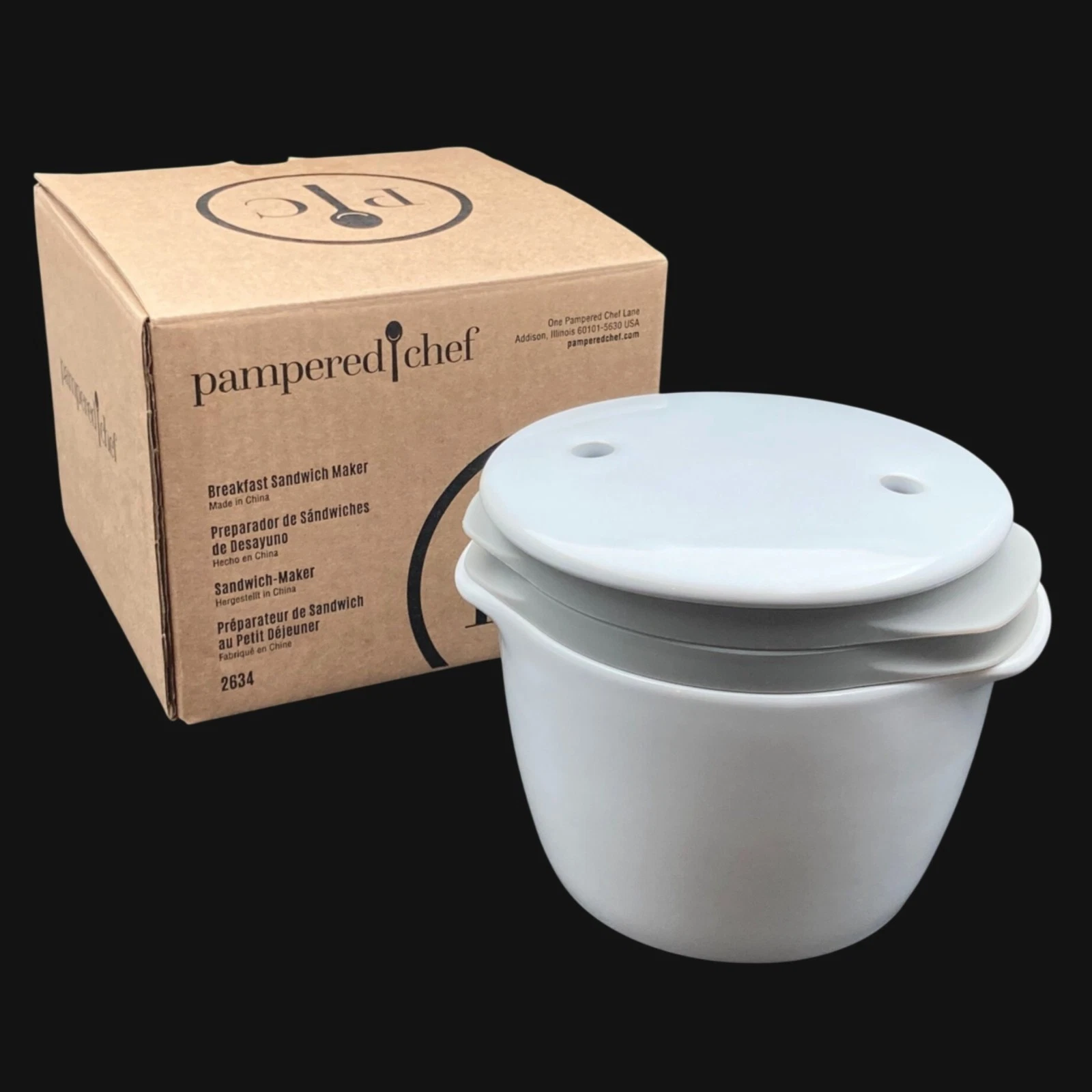 Pampered Chef Breakfast Sandwich Maker 2634 Microwave Ceramic Egg Cooker w Box