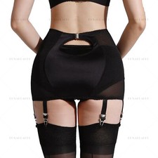Fashion Sheer Mesh  Satin Garter Belt 6 Straps Suspender Hollow Rear Girdle