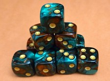 DICE SET 15mm 10 BLUE RED SWIRLED MARBLED, GOLD PIPS- WARHAMMER, RPG