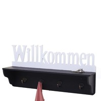 Wandgarderobe MCW-D41 Willkommen, Garderobe Regal, 4 Haken Massiv, Schwarz/Weiß