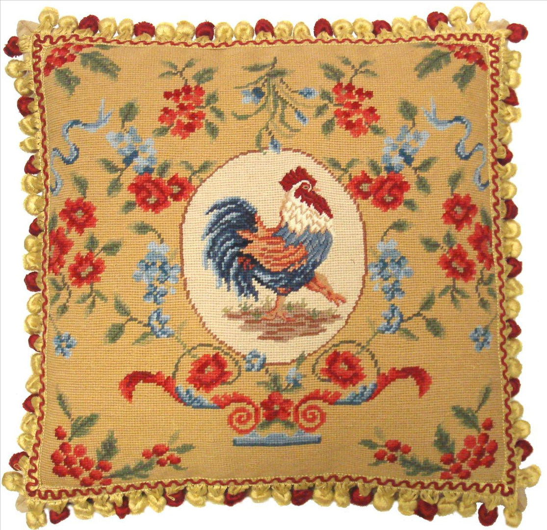 Wool Needlepoint + Petit Point Pillow French Country Rooster Cushion ...